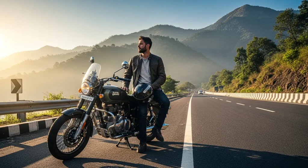 Royal Enfield Guerrilla 450 lifestyle shot with rider on Indian highway