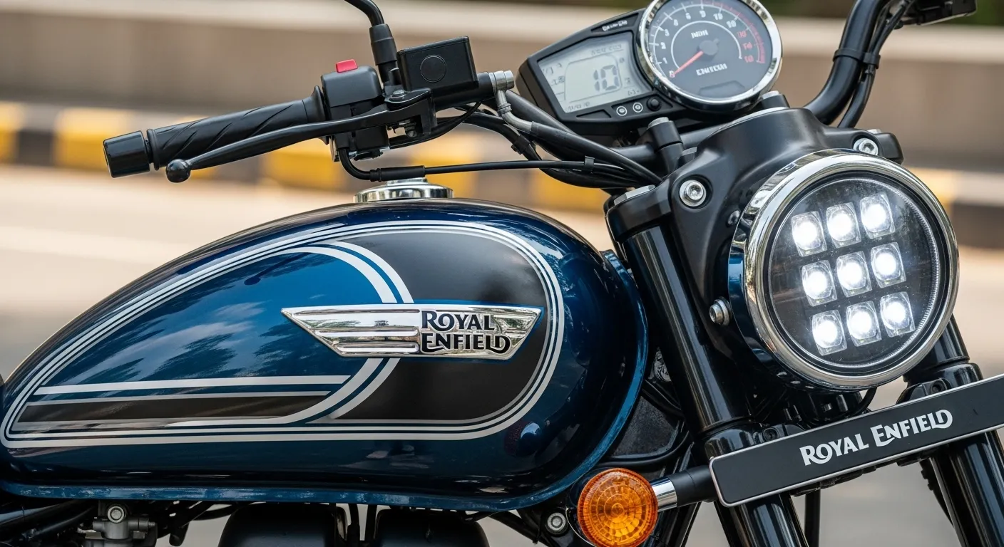 Royal Enfield Meteor 350 2025 close-up showing LED headlamp