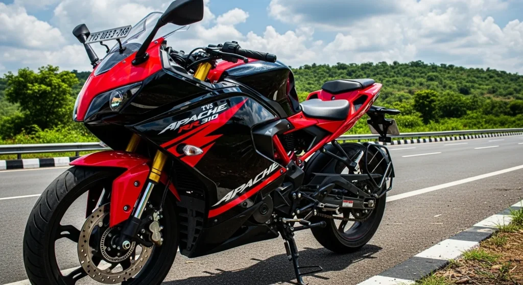 TVS Apache RR 310 sportbike displayed on Indian highway