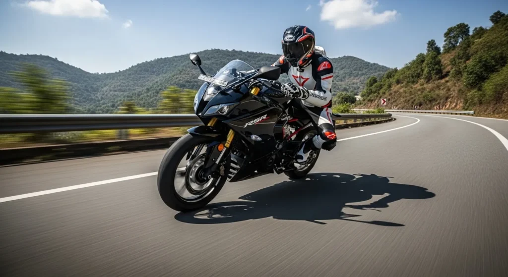 TVS Apache RR 310 sportbike riding dynamically on Indian highway