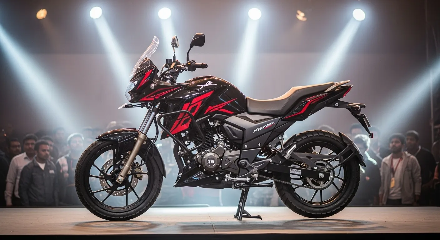 TVS Apache RTX 300 adventure motorcycle launch in India with bold design and crowd background