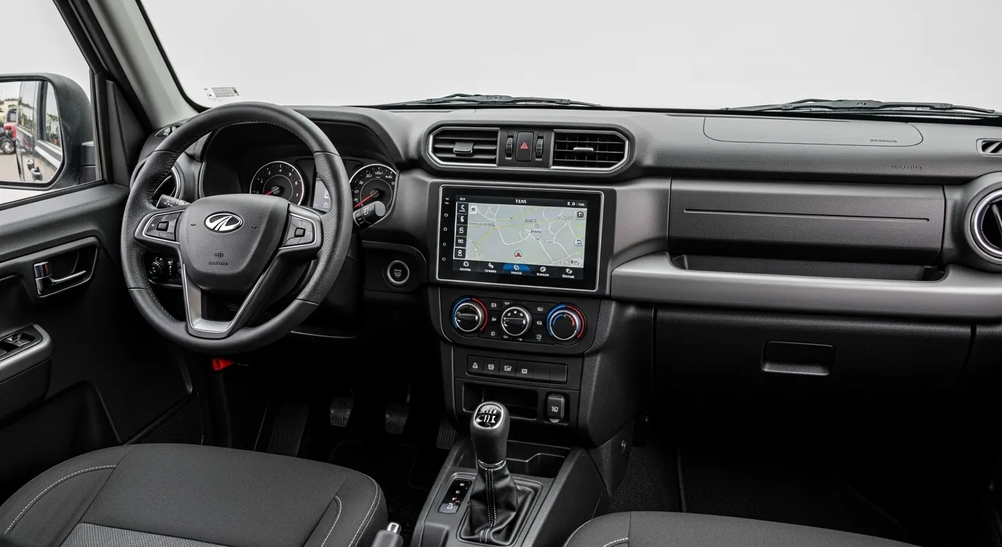Updated interior of 2025 Mahindra Thar Facelift with larger touchscreen and new steering