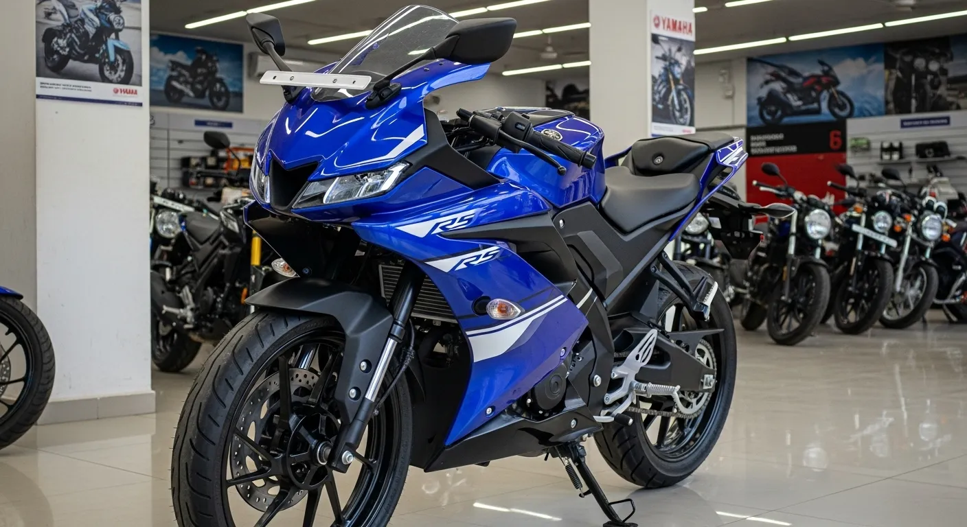 Yamaha R15 V5 2025 front view at Indian dealership, bold racing blue color