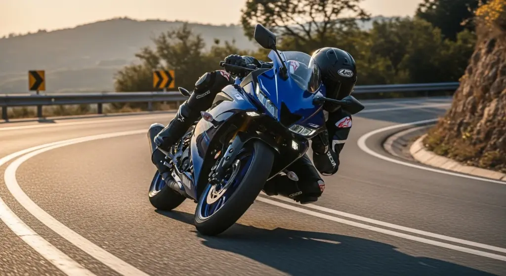 Yamaha R15 V5 2025 on curved road, rider leaning during fast cornering