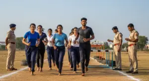 Young Indian candidates jogging during police selection training