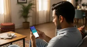 Young Indian professional checking credit score on smartphone in modern hom