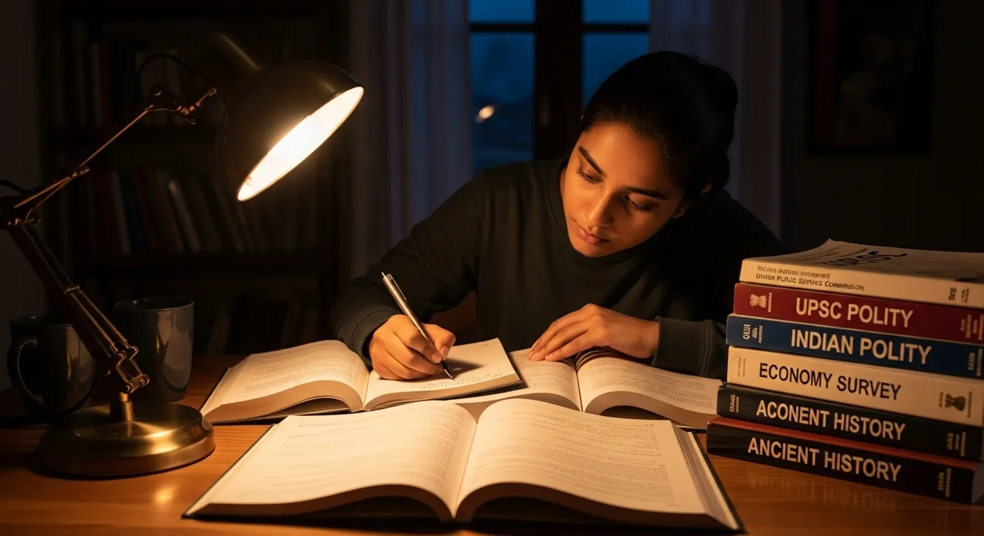 Young student preparing for IAS exam late at night, studying with determination