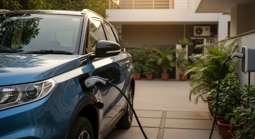 close-up shot of Maruti e-Vitara EV charging at home driveway in India
