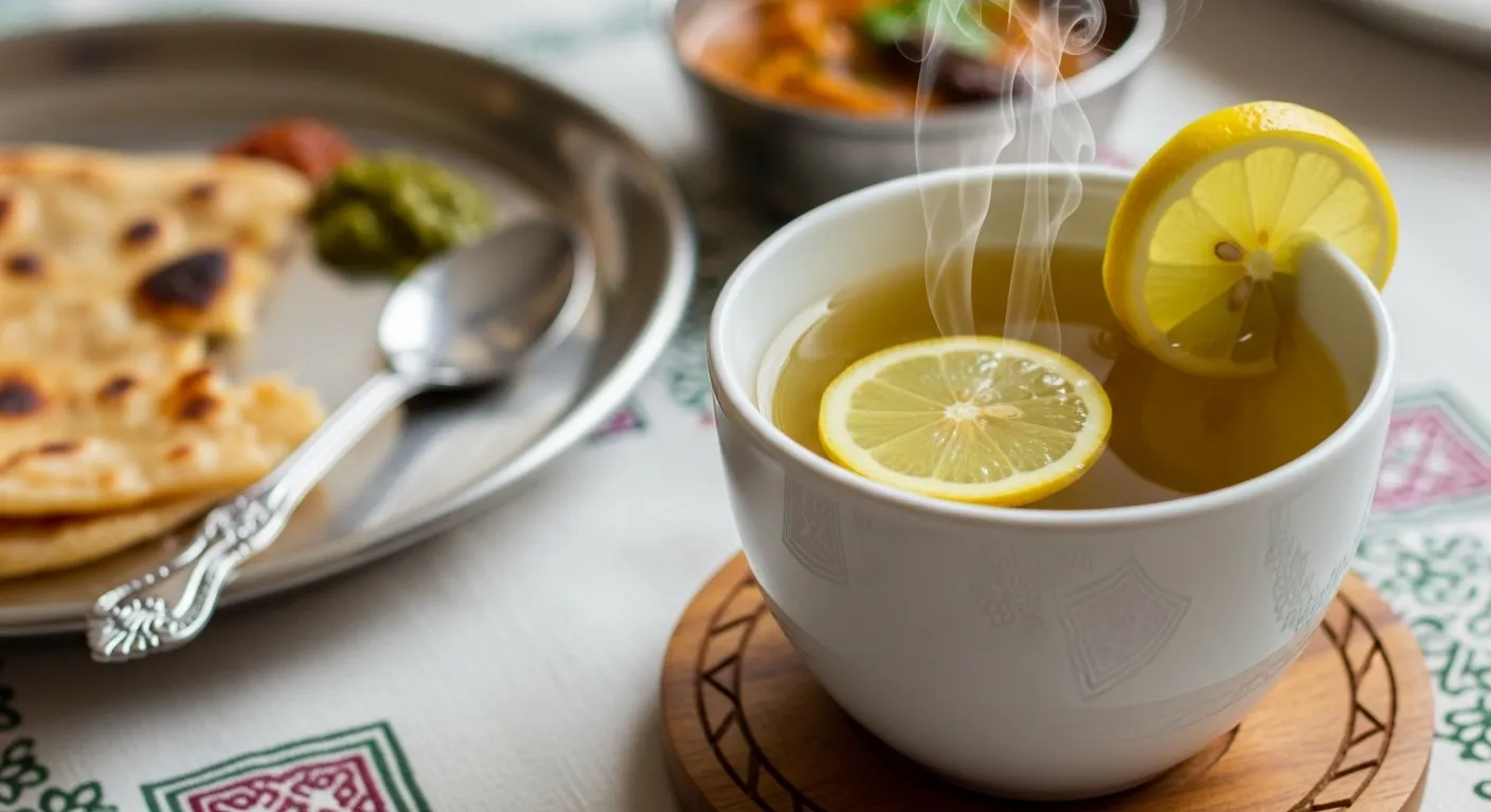 cup of green tea with lemon slice on breakfast table