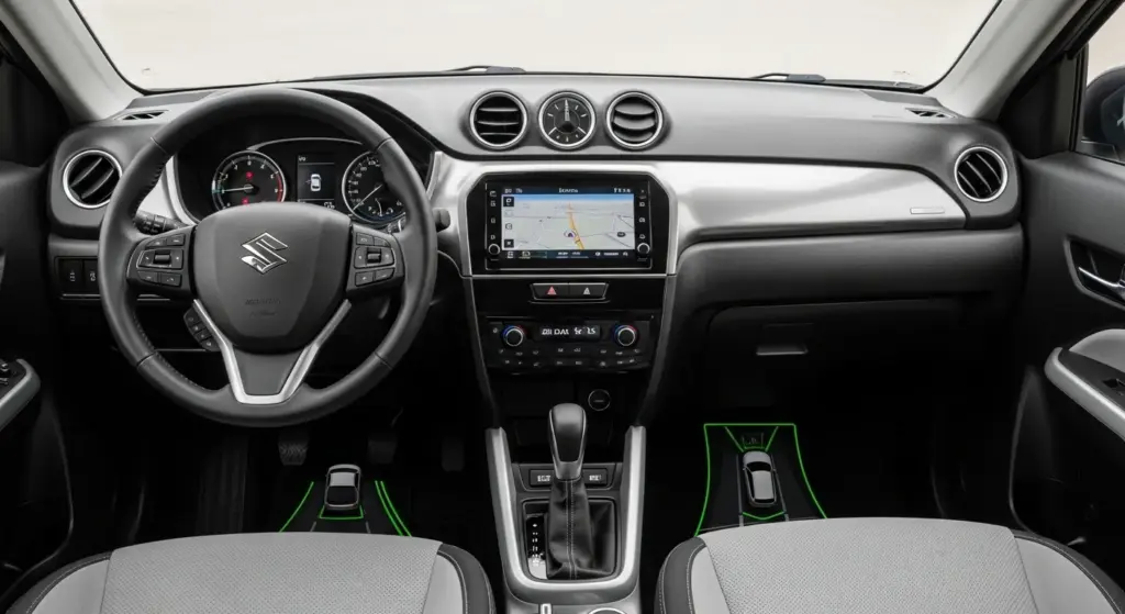 interior view of Maruti e-Vitara EV with infotainment screen and ADAS display