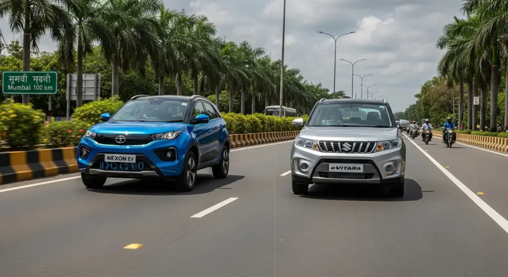 side-by-side Tata Nexon EV and Maruti e-Vitara on Indian road