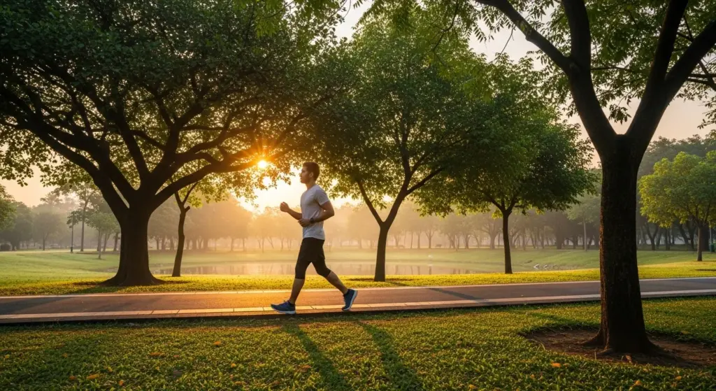 walking early morning in a park