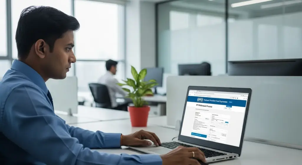 An Indian employee checking PF withdrawal process on laptop with EPFO website open