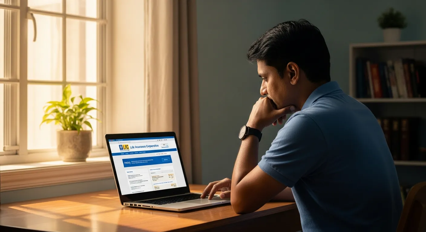 An Indian man using a laptop at home to check LIC policy details