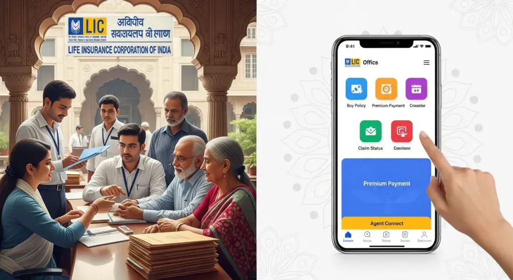 Comparison of traditional LIC office process vs digital app interface