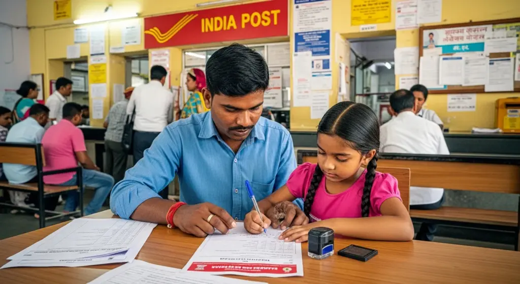 Father and daughter filling Sukanya Samriddhi form at Indian Post Office