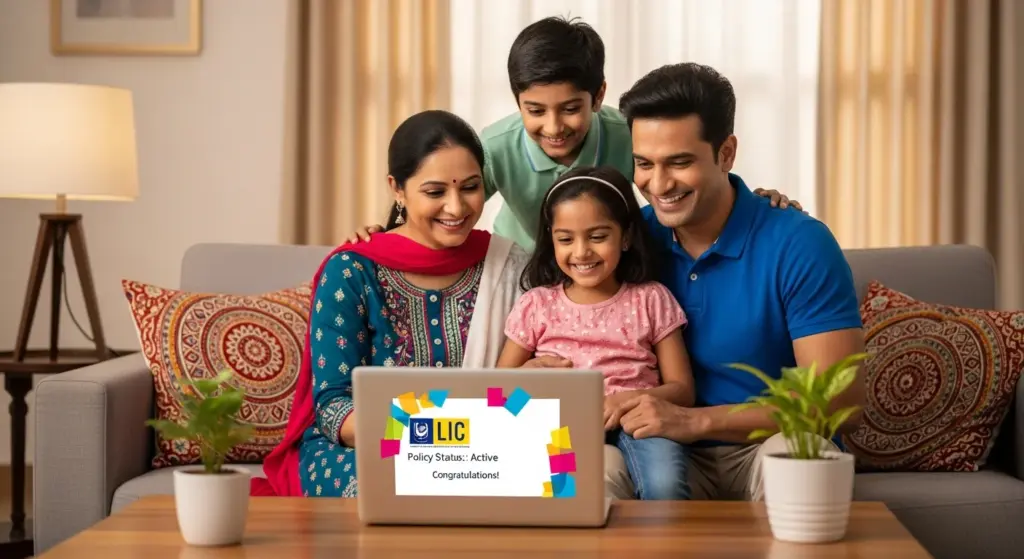 Happy Indian family looking at laptop screen together