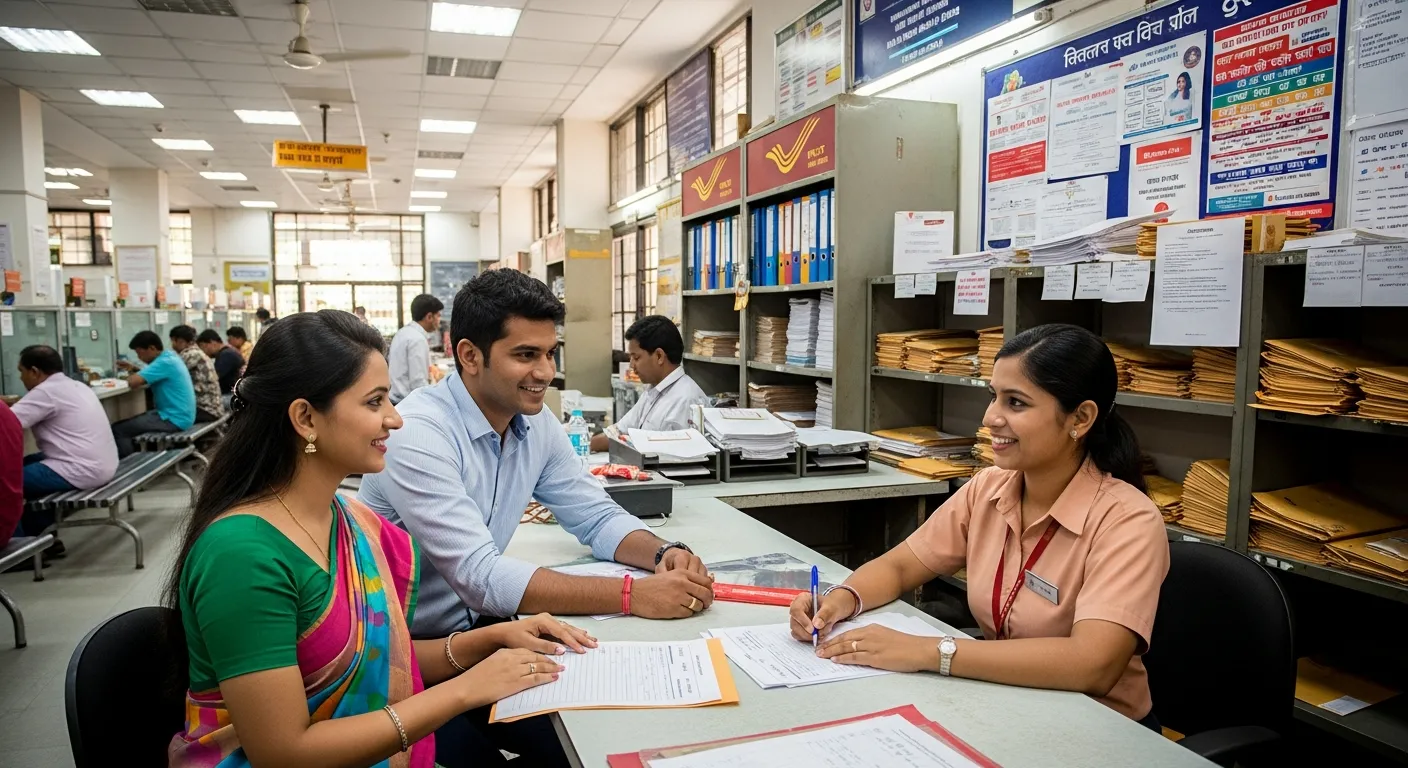 Indian couple visiting Post Office for investment