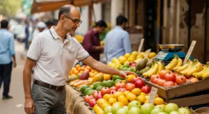Indian diabetic man selecting fruits at a market