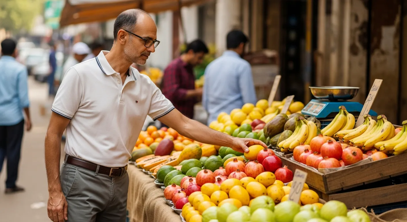 Indian diabetic man selecting fruits at a market