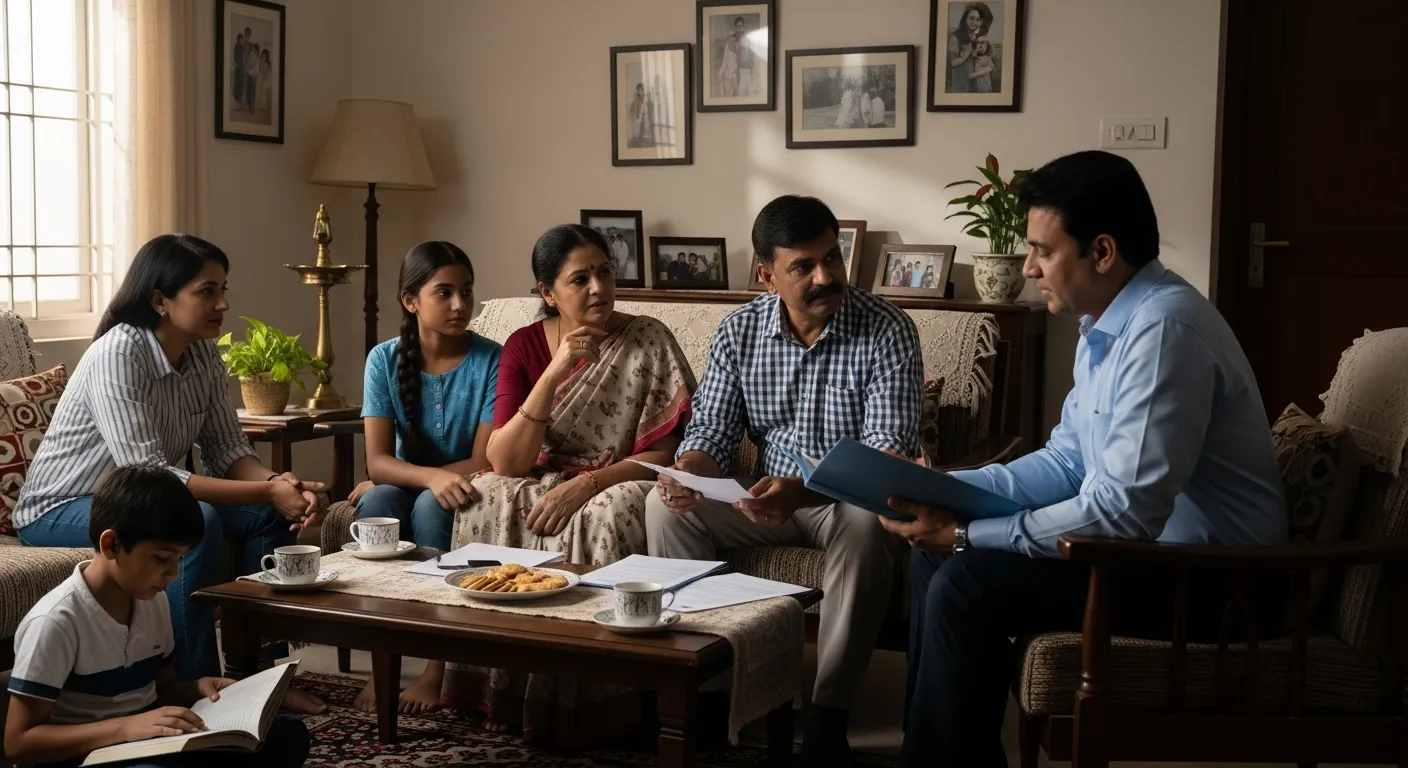 Indian middle-class family discussing insurance with advisor at home