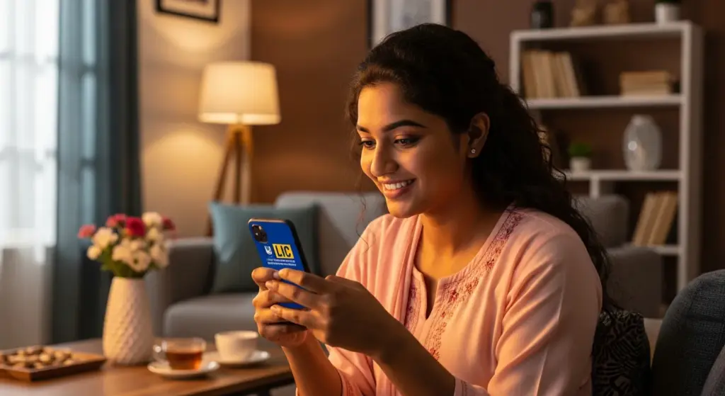 Indian woman checking LIC app on her phone
