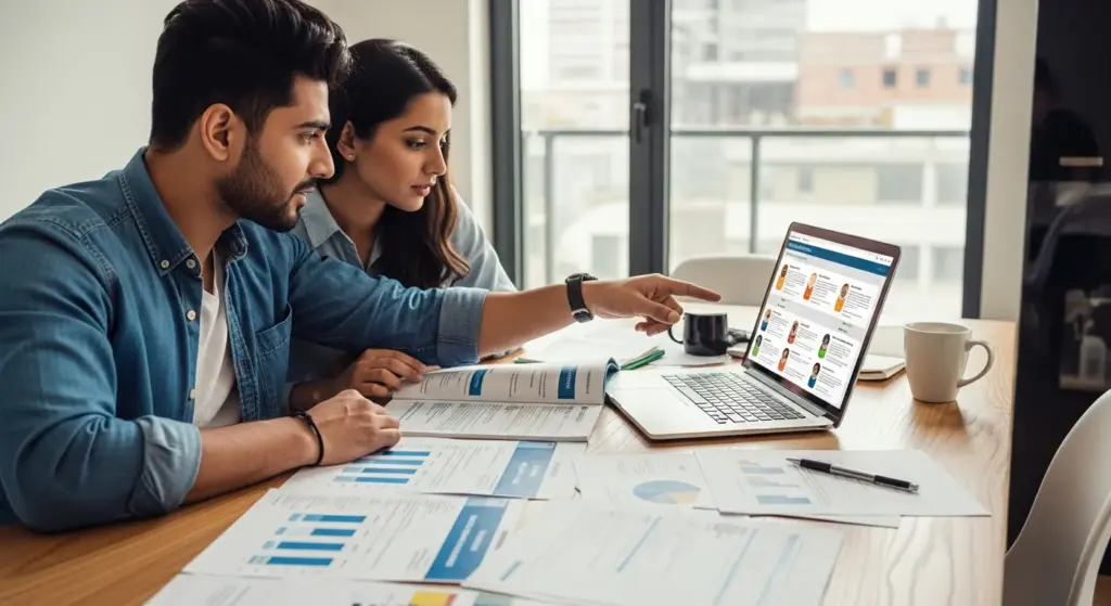Indian young couple comparing different insurance plans on laptop with papers spread on table.