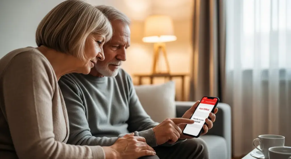 Senior citizen couple receiving monthly income message on mobile from Post Office