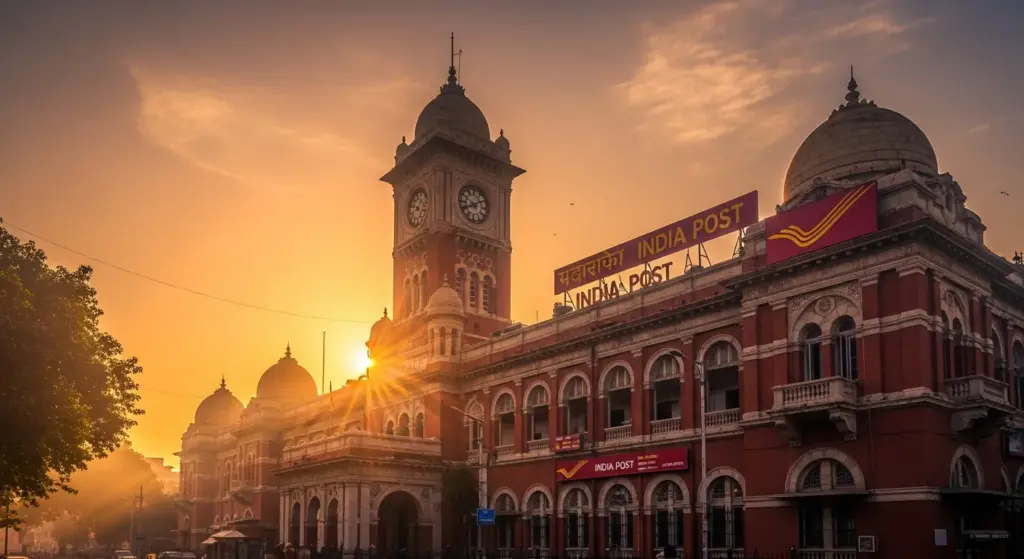 Sunrise behind Indian Post Office building symbolizing trust and progress