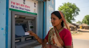 Woman in rural India using RuPay card at ATM