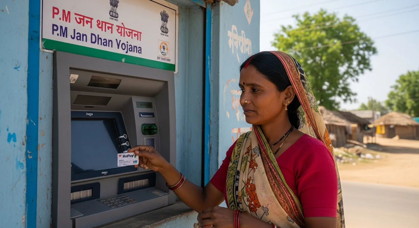Woman in rural India using RuPay card at ATM