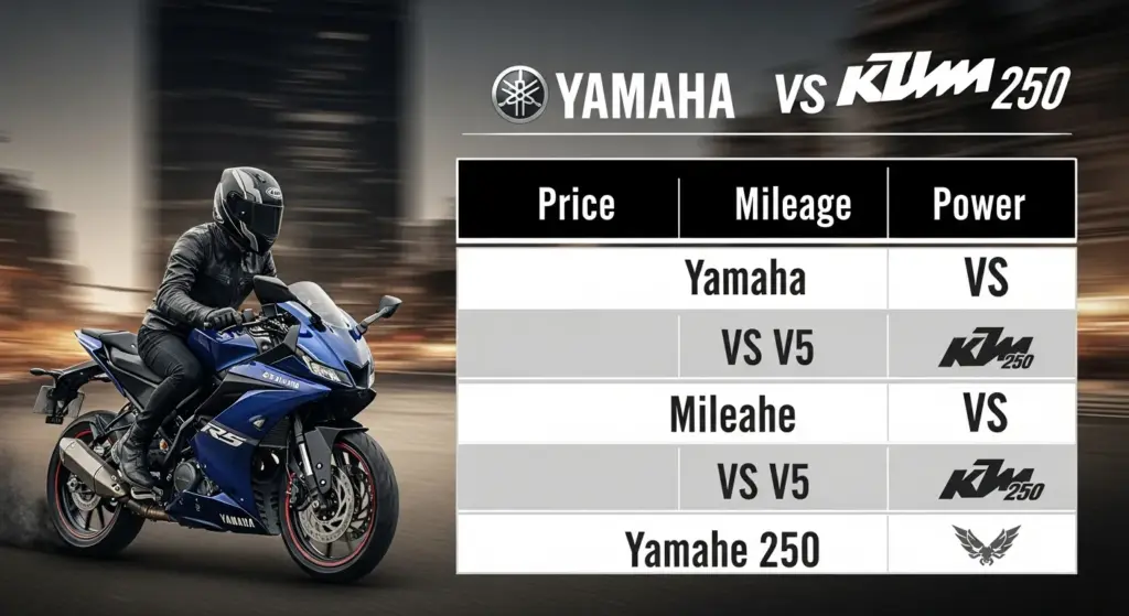 Yamaha R15 V5 और KTM Duke 250 की तुलना चार्ट